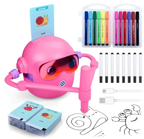 MMOBIEL Robot da Disegno per Bambini Giocattolo Educativo Interattivo con 100 Carte, 12 Pennarelli Colorati, Guida Vocale e Batteria Ricaricabile USB-C – Regalo Creativo per Età 3-9 – Blu (Rosa)