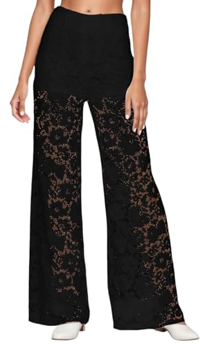 2025, pantaloni casual da donna, a vita alta, in pizzo, cava, gamba dritta, per feste, discoteche e uso quotidiano, comodi, elastici, in vita, vestibilità larga, bikini lunghi da donna, Nero , L