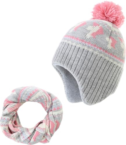 AHAHA Bonnet d'hiver pour filles et enfants - Bonnet en tricot avec pompon et protection pour les oreilles pour bébé, 53