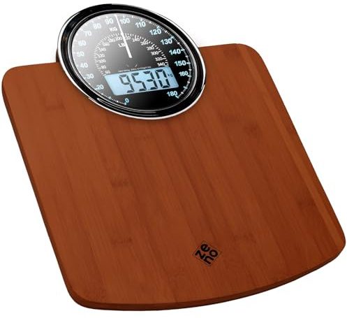 ZENO Bilancia Pesapersone Ibrida - NUOVO - Digitale & Analogica 2-in-1 - Fino a 180 kg - Ampio Display con Retroilluminazione - Robusto Vetro Temperato - Lettura Facile - Legno scuro