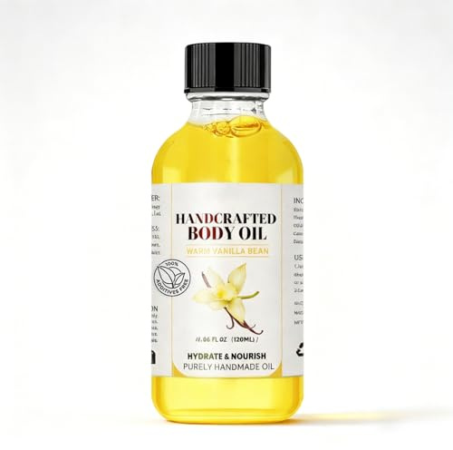 Vanilla Body Oil for Dry Skin 120ml, Fast Absorbing Moisturising Body Oil with Jojoba & Olive Oil, Lightweight Body Moisturiser for Soft Glowing Skin, Vegan Skin Care