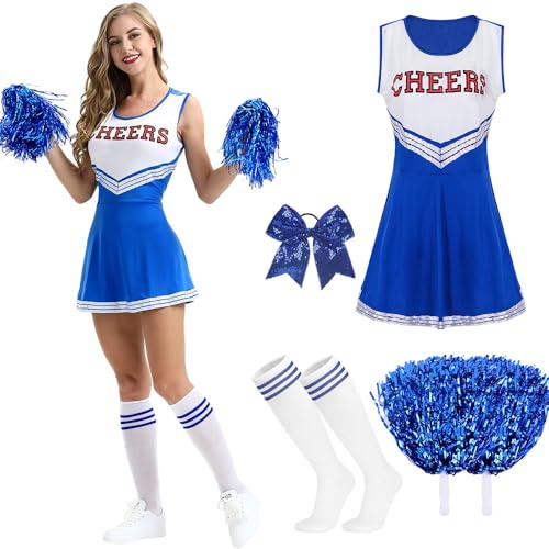 HIULLEN Cheerleader Outfit Adult Fancy Dress Costume, Cheerleader Costume Women, Cheerleader Costume Women Cheerleading Outfit, with Pom Poms Socks Hairband, for Fancy Dress, Carnival, Party, Cosplay