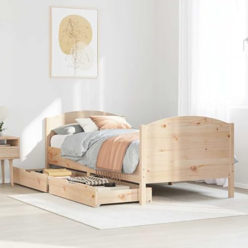 IKAYAA GiroLetto Singolo 90x190 con cassetti Letto in Legno Massello di Pino Letto Singolo con testiera Letto Contenitore Matrimoniale legno-Naturale-90 x 190 cm