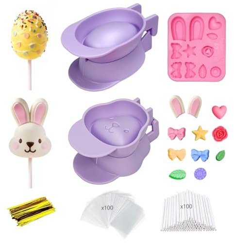 Lumyrilix 2 Pcs Easter Cake Pop Molds with 100 Sticks & Silicone Fondant Mold,Bunny&Egg shaped Cake Pop Mold | Non-3D Printed | Dishwasher Safe | Baking Molds for Family Holiday Desserts