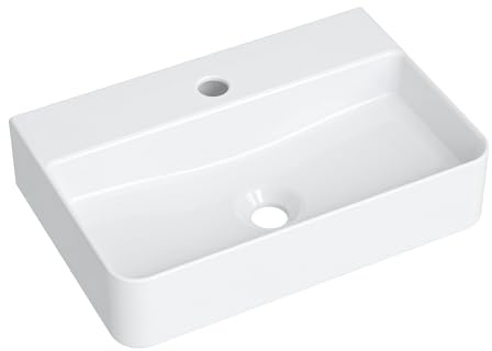 Lavatorio pequeño de cerámica blanca, 460/310 para suspender para aseo de invitados y baños pequeños, montaje en pared y sobre encimera con orificio para grifo, sin rebosadero, diseño moderno de borde