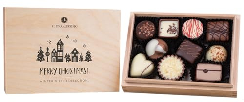 Xmas Premiere Mini - Chocolates - 10 chocolates hechos a mano en una caja de madera | Regalos de Chocolate | mujeres | hombres | Ideas para regalos | Navidad | Dulces | hombre | mujer | adulto