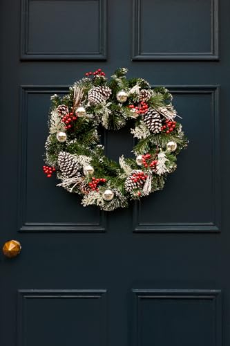 HomeZone 50cm Large Luxury Christmas Wreath Snow Covered Artificial Pine with Berries & Baubles Hanging Door Decoration for Front Door Indoor & Outdoor Xmas Home Décor Display