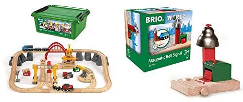 BRIO Bahn 33097 - Frachten Set Deluxe & World 33754 Magnetisches Glockensignal – Eisenbahnzubehör für die BRIO Holzeisenbahn – Kleinkinderspielzeug empfohlen für Kinder ab 3 Jahren
