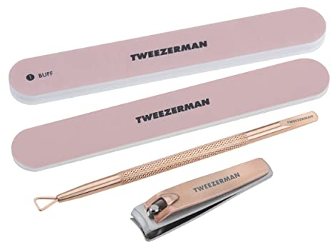 Tweezerman Rose Gold Manicure Kit, Includes Nail Clippers, Dual Ended Polish Remover/Cuticle Tool, Professional Nail File, & Dual Sided Buffer, (Set of 4)
