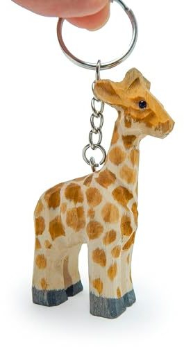 Selsela Hand-Carved Giraffe Keychain - Miniature Wooden Safari Zoo Keychain Clip-on Ring with Extension Chain, Handmade Wildlife Figurine & Gift Charm