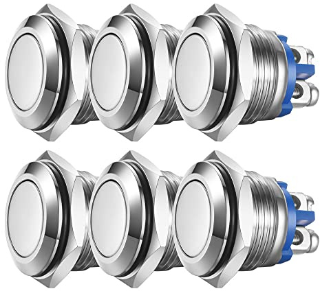 Guuzi 6pcs Pulsanti Momentanei Da 16mm 3A/250VAC; Pulsante Di Alimentazione Impermeabile 5A/12VAC Piccolo Rotondo In Metallo Inossidabile Cromato 2Pin N/O (Testa Piatta)