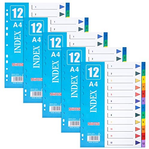 Ordner-Register A4 Farbig 12-teiliges, Trennblätter für Ordner Nummeriert 1-12 Mehrzweck-Indexteiler Extra Breit PVC Trenn-Blätter zum Organisieren (5er Set)