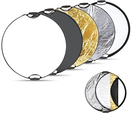 Reflector de Luz Redondo, 5 en 1 Plegable Reflector Portátil, 30CM Reflector Plegable con Soporte Reflector,Traslucent, Plata, Oro, Blanco y Negro para Fotografía, Iluminación de Estudio