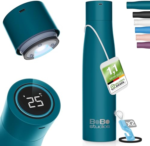 BoBo Studios® 500ml Smart Bottle Trinkflasche Isolierflasche aus Edelstahl, UVC Sterilisation gegen Bakterien Viren, 24 Std kalt, 12 Std heiß, Trinkerinnerung, Display, selbstreinigend, inkl. Zubehör