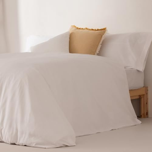 Juego Funda Nórdica Cama 80/90, Lisa 100% Algodón, Funda Edredón 150x220 cm y Funda Almohada, Transpirable, Suave, Color Blanco