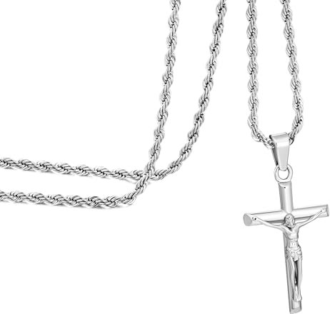 Speroto Kette Herren, Halskette Kruzifix Kreuz-Anhänger, Jesus Christus Kettenanhänger für Herren Damen, Edelstahl Silberkreuz Geschenk für Freund 50cm Verdrehte Kette