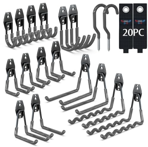 3-H Garage Wall Hooks 20 Pack,Garage Hooks Heavy Duty,Garage Storage Hooks for Hanging and Organizing Garden,Lawn,Yard Tools,Chairs,Ladders,Weed Eater,Shovel,Blower(Gray)