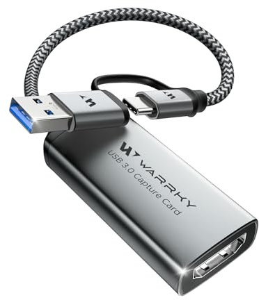 WARRKY Carte de Capture Vidéo USB 3.0 HDMI vers USB C 1080P 60 FPS, pour Streaming Gaming Enregistrement en Direct, avec Câble Nylon et Boîtier Aluminium, Compatible Windows MacOS Switch OBS