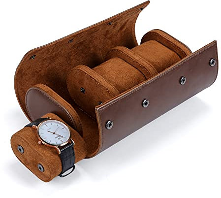 BAIGIO Tragbar Uhrenbox Uhrenrolle mit Uhrenkissen, Travel Watch Box Case, PU-Leder Uhrenaufbewahrung Reise Uhrenkasten Uhrenetui 3 Fächer Uhren Aufbewahrungsbox Uhrenkoffer für Damen Herren, Braun