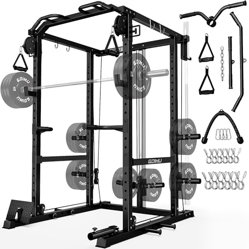 Goimu R1-V4 Power Cage Rack, 2000LB Squat Rack with Cable Crossover System, Multi-Function Weight Cage, Home Gym Workout Machine with More Training Attachments (R1 Power Cage 0lb Bench Black)