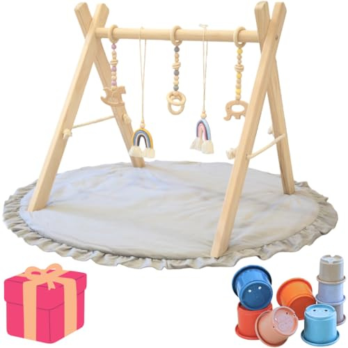 Lucknel Montessori Spielbogen Baby aus Holz mit Spielmatte 90 cm – ab 3 Monate, 5 abnehmbare Hängespielzeuge, klappbar, naturbelassen – inkl. Stapelbecher Geschenk als Deko Akzent fürs Kinderzimmer