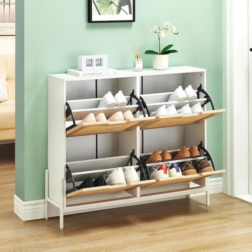 OPULENTHOME Meuble Chaussure 20 Paires, Armoire Chaussures Entree avec 4 Portes, étagères Réglables, avec Kit Anti-basculement, Meuble Chaussure Rotin pour Entrée/Couloir 100 x 24 x 88 cm