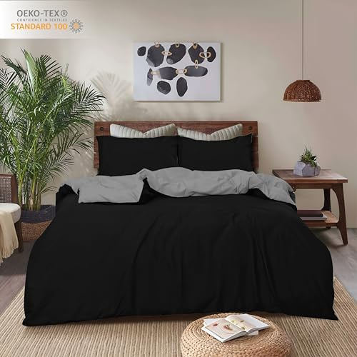 REHAN & CO Super King Duvet Cover Sets – Soft Brushed Microfiber Bedding – Reversible Quilt Cover With Pillow Cases (Grey/Black)