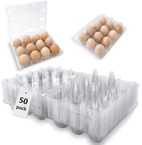 ZXBMS Paquete de 50 cajas de huevos de plástico, 3 x 4 rejillas, cajas de huevos baratas a granel, perfectas para 12 huevos, mercadillos de granja de pollos en refrigerador, grande