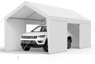 VEVOR Tente Garage, 3,05 x 6,09 m, Carport Abri de Voiture Extérieur avec Parois Latérales Amovibles et Portes, Résistant aux UV et à l'eau, Protection Toutes Saisons pour Automobile et Bateau, Blanc