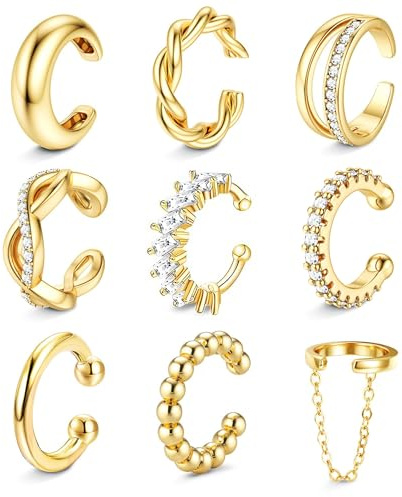 9PCS Ear Cuff Earrings for Women Non Piercing 14K Gold Plated - Hypoallergenic Adjustable Ear Cuffs Trendy Non Tarnish Clip on Cartilage Fake Earring Stacks Wrap Jewelry