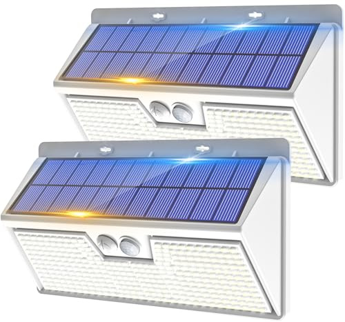 vighep Solar Security Lights Outdoor Motion Sensor, 2Pack White 318LED Led Solar Powered Light with 3 Lighting Modes, IP65 Waterproof Wireless Pir Wall Light for Outside Garden Fence Yard-Cold White