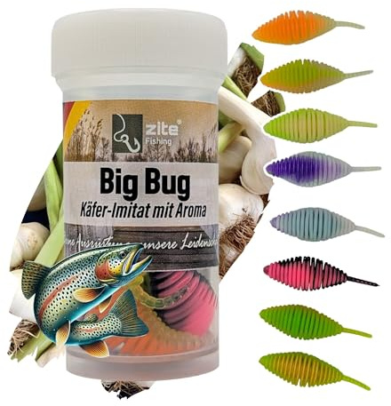 Zite Fishing Big Bug Forellenköder Gummi | Käfer-Imitat 5 cm 8 Stück | Knoblauch & Käse Flavour | Made in Germany | Phthalatfrei | UL Twitchköder am Tungsten Jighaken (Schock Mix - Knoblauch)