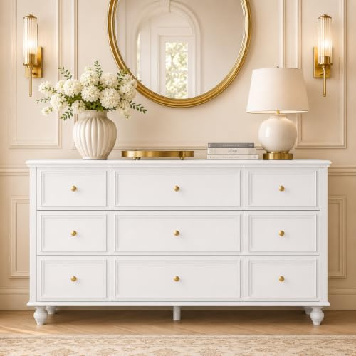 Buffet de Salon, Commode avec 9 tiroirs, Meuble de Rangement Polyvalent pour Couloir, Chambre et Salon, Blanc, poignées dorées, MDF, 160 × 40 × 80 cm
