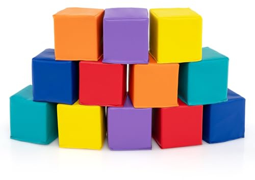 DREAMADE Modules de Motricité 12 Cube, Blocs de Construction en Mousse pour Enfants avec Revêtement en Cuir Artificiel, Jouet Éducatifs dans Chambres, Écoles, Maternelle (12PCS-Multicolore)
