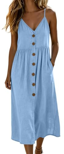 Robe Fluide Femme Été Col V sans manches Couleur Unie Robe De Plage | Chic Et Elegant Avec Bretelles Spaghetti Robes D'Été Fluide Élégant En Lin Coton Pour Les Vacances, La Plage, La Maison