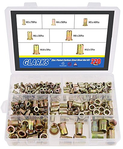 Glarks Juego de 220 tuercas de remache de acero al carbono chapadas en zinc mixto, tuercas roscadas – 7 tamaños M3 / 4/5 / 6/8 / 10/12