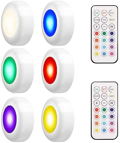 LEDGLE RGB Schrankleuchten LED Spot Batteriebetrieben Nachtlicht mit Fernbedienung, 4 Farbmodi, 50lm, 3W, 6er Set