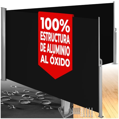 tectake® tectake® Toldo Lateral Retráctil, Separador de Ambientes Exterior, Tela Toldo Impermeable 220g/m², Protección Solar, Toldos Exterior Terraza, Poste de Apoyo de Aluminio - 200x600 cm Negro
