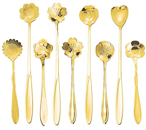 9 Pcs Flower Spoon Coffee Teaspoon Set, ESRISE Stainless Steel Tea Spoon for Tea Party Decorations (Gold)