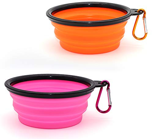 SLSON 2 Stück Hundenäpfe Faltbare Reiseschale,Auslaufsichere Hundenapf mit Bergsteigerkarabiner für Katzen,Hunde und Haustiere für Wasser und Futter (350ml, Orange und Pink)