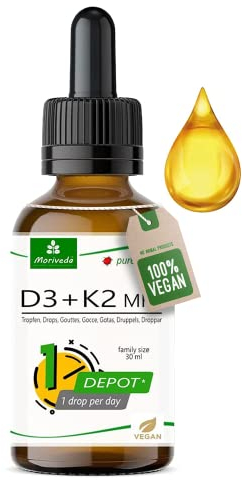 Vitamina D3 + K2 in gocce - 1700 gocce - 1000 U.I. di D3 Vegan + 20µg di K2 MK7 Vegan per goccia - flacone da 50 ml da Moriveda