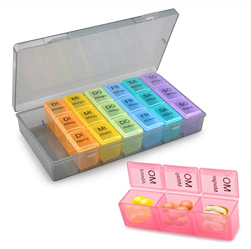 HONZUEN Tablettenbox 7 Tage Morgens Mittags Abends Deutsch, Wöchentliche Medikamentenbox Aufbewahrung Tragbare Pillendose 7 Tage 3 Fächer, für Kinder Ältere Patient Pillenbox Groß, Schwarz