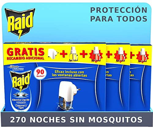 Raid ® Eléctrico Líquido Pack 270 noches - Enchufe anti mosquitos comunes y tigre con 3 aplicadores y 6 recambios de 45 noches, Sin Olor
