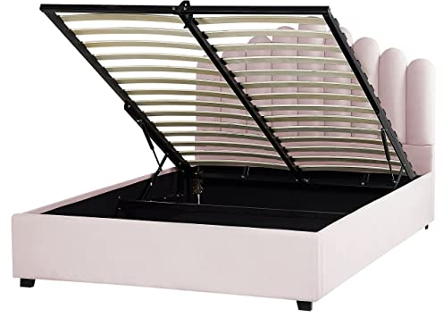 Letto contenitore velluto rosa 160 x 200 cm testata alta a conchiglia
