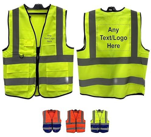 PB TECH Personalised Printed Reflective Hi-Viz Vest, High Visibility hi viz Reflective Vest, Custom Logo Class 2 hi vis Zipper With Phone ANd ID Pockets