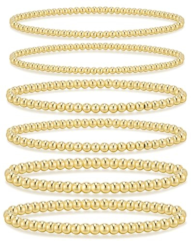 adoyi Gold Bracelets for Women, 14K Gold Plated Beaded Bracelet for Womens Stackable Bead Ball Bracelet stack Set Adjustable Jewelry Set for Gifts