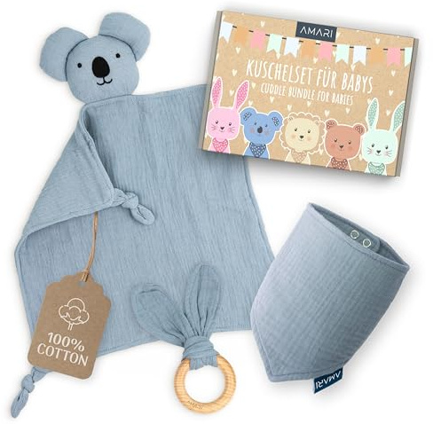 Amari ® Schmusetuch (Blau Koala) mit Beißring und Lätzchen, Geburt für Junge und Mädchen - Baby Geschenk Neugeborene - Schnuffeltuch Babygeschenke Set zur Babyparty