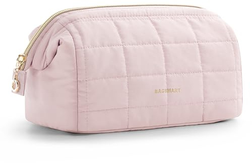 BAGSMART Makeup Bag Travel Cosmetic Bag, Puffy Padded Make Up Bags for Women Large Capacity Makeup Organizer Case, Wide-Open Pouch Purse Travel Essentials Toiletries Accessories Brushes, Pink