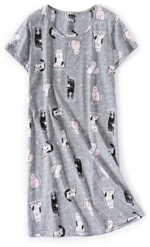 CHUNG Women Nightdress Ladies Nighties Short Sleeve Sleep Tee Shirt Soft Nightgown Cute Pattern Summer Sleepwear Grey Cat XL