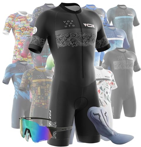 VOXCAUTQ Cykling, skinndräkt för män, gelvadderad, triathlon kostym för män, triathlon tri-dräkt kortärmad cykling skinndräkt med 3 bakfickor snabbtorkande